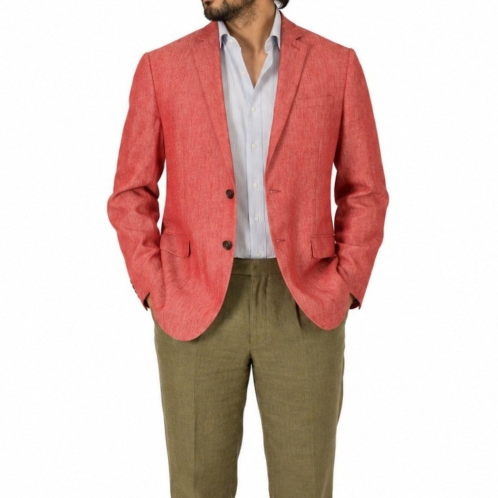 Express Red Linen Slim Fit Blazer Mens 42R Two Button Cotton Summer Sport Coat